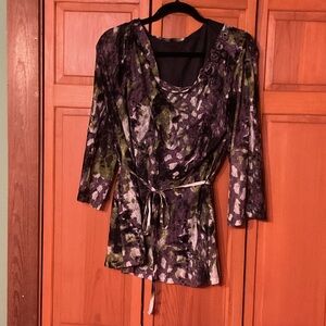 Sharon Young Purple and Green Printed Tie-Waist Scoop Neck Tunic Blouse